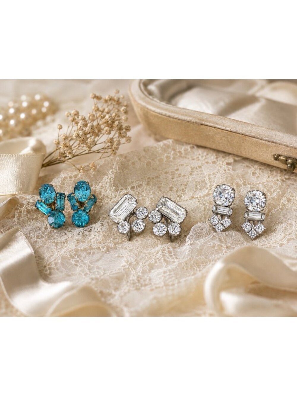 Vintage 50s Rhinestone Earrings 3 Pairs Clear Blue Coro Screwback Bridal Dainty
